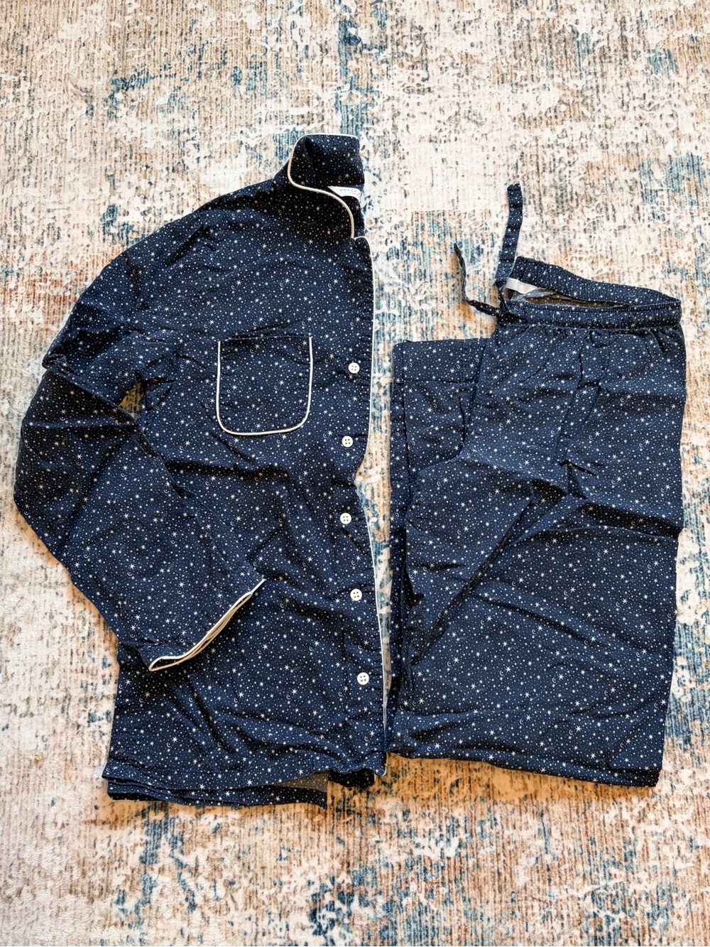 Derek Rose Navy Star-Print Pajama Top with White Piping